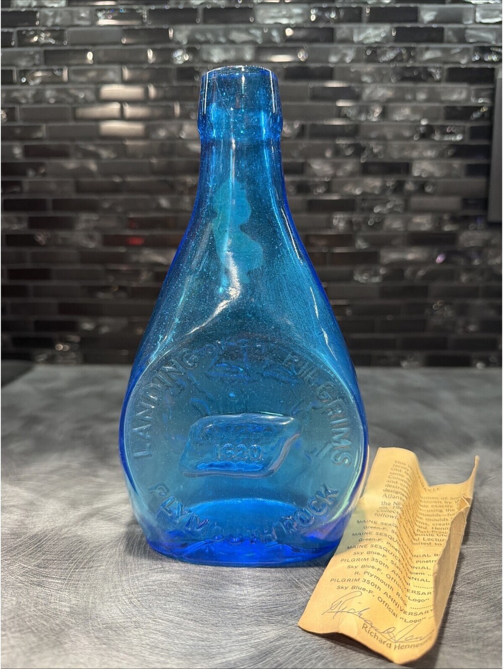 Vintage Pilgrim 1620 Blue Glass Bottle South Jersey Cleverdale Bros w/ Paper COA
